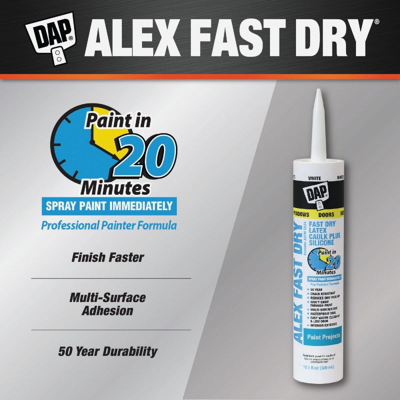 Dap Alex Fast Dry Siliconized Acrylic Latex Caulk 10.1 Oz., White (Pack of 12)