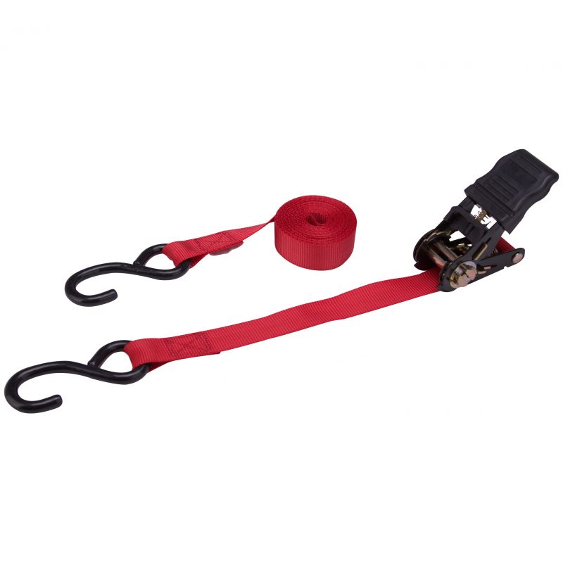 ProSource FH64056 Tie-Down, 1 in W, 14 ft L, Polyester Webbing, Metal Ratchet, Red, 500 lb, S-Hook End Fitting Red