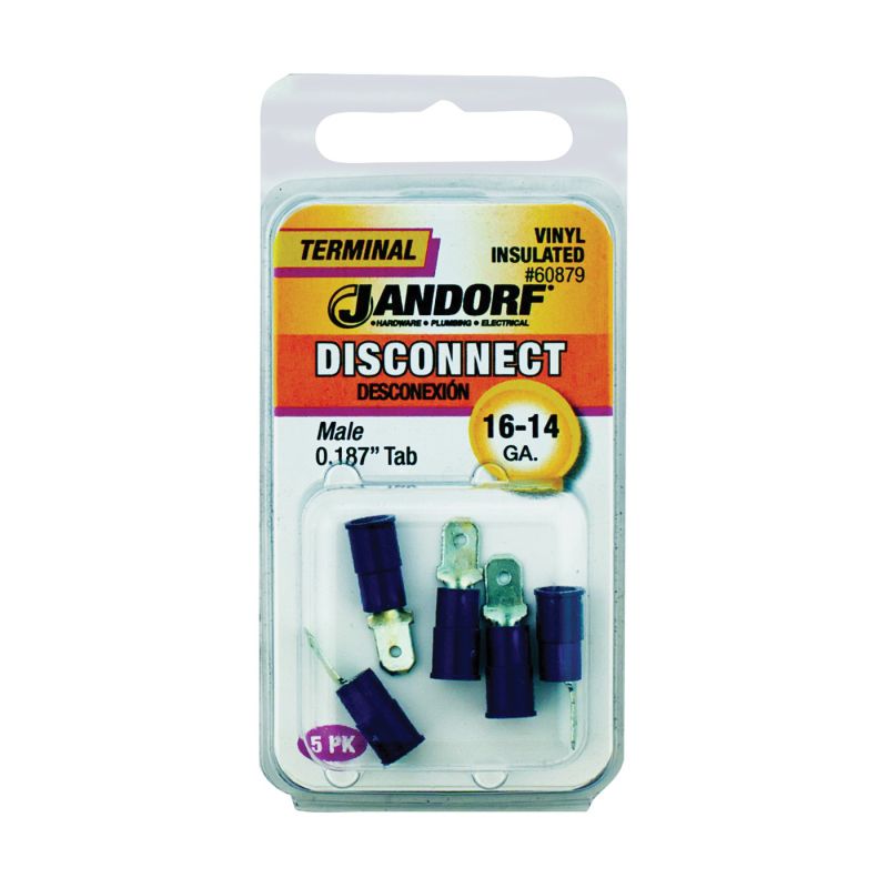 Jandorf 60879 Disconnect Terminal, 16 to 14 AWG Wire, Vinyl Insulation, Copper Contact, Blue, 5/PK Blue