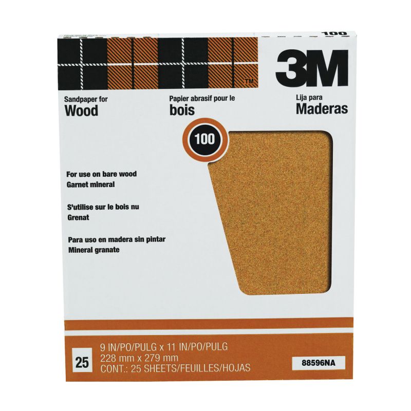3M 88596 Sandpaper Sheet, 11 in L, 9 in W, Medium, 100 Grit, Garnet Abrasive, Paper Backing Red