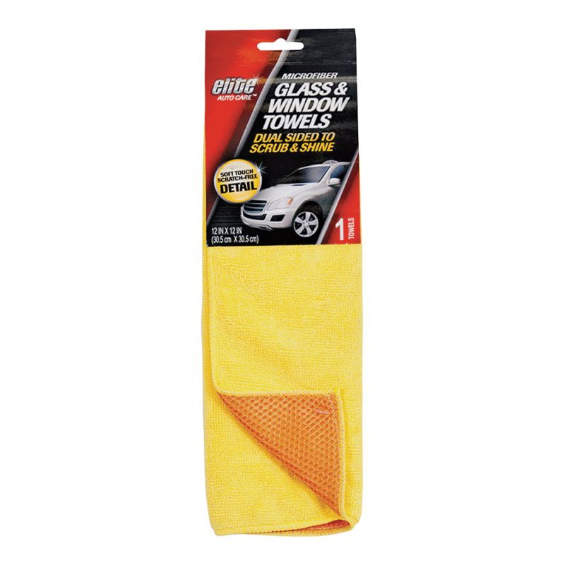 FLP 8903 Glass and Windshield Towel, 12 x 12 in, Microfiber Cloth, Yellow 12 X 12 In, Yellow