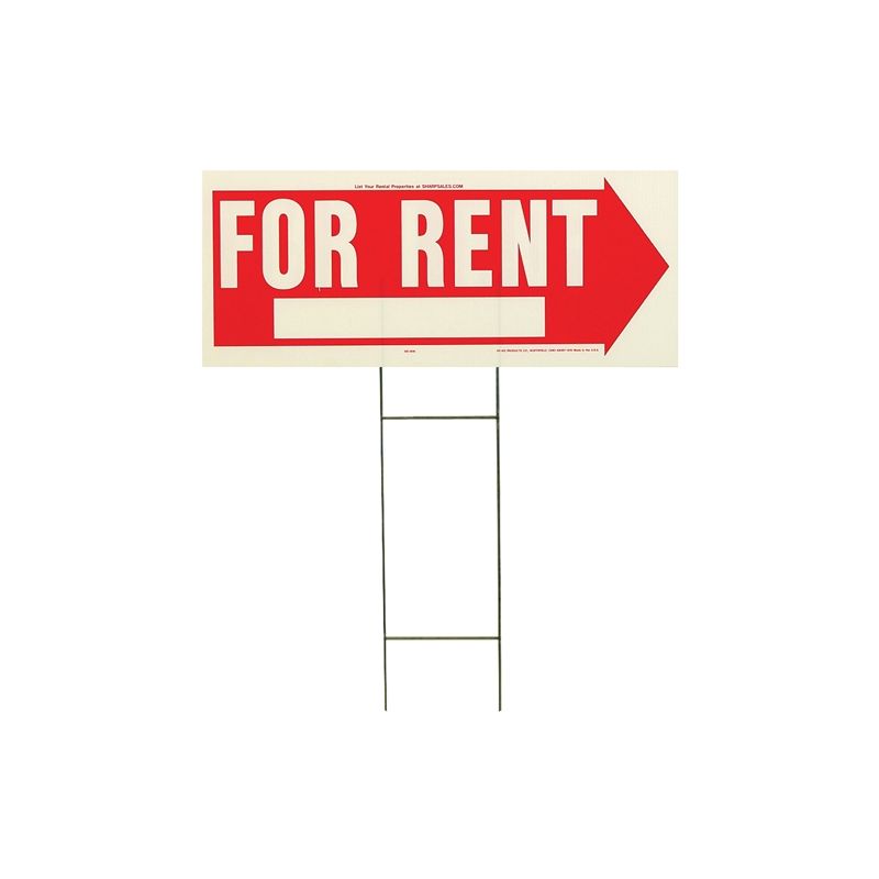 Hy-Ko RS-806 Lawn Sign, Rectangular, FOR RENT, White Legend, Red Background, Plastic, 9-1/2 in W x 24 in H Dimensions