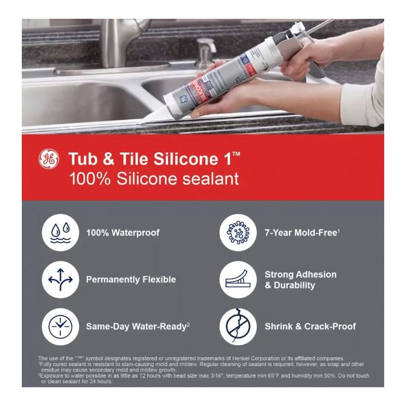 GE Silicone 1 2749484 Tub &amp; Tile Sealant, White, 24 hr Curing, 10.1 fl-oz Cartridge White