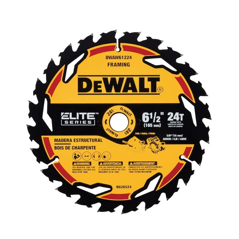 DeWALT ELITE Series DWAW61224 Circular Saw Blade, 6-1/2 in Dia, 5/8 in Arbor, 24-Teeth, Tungsten Carbide Cutting Edge