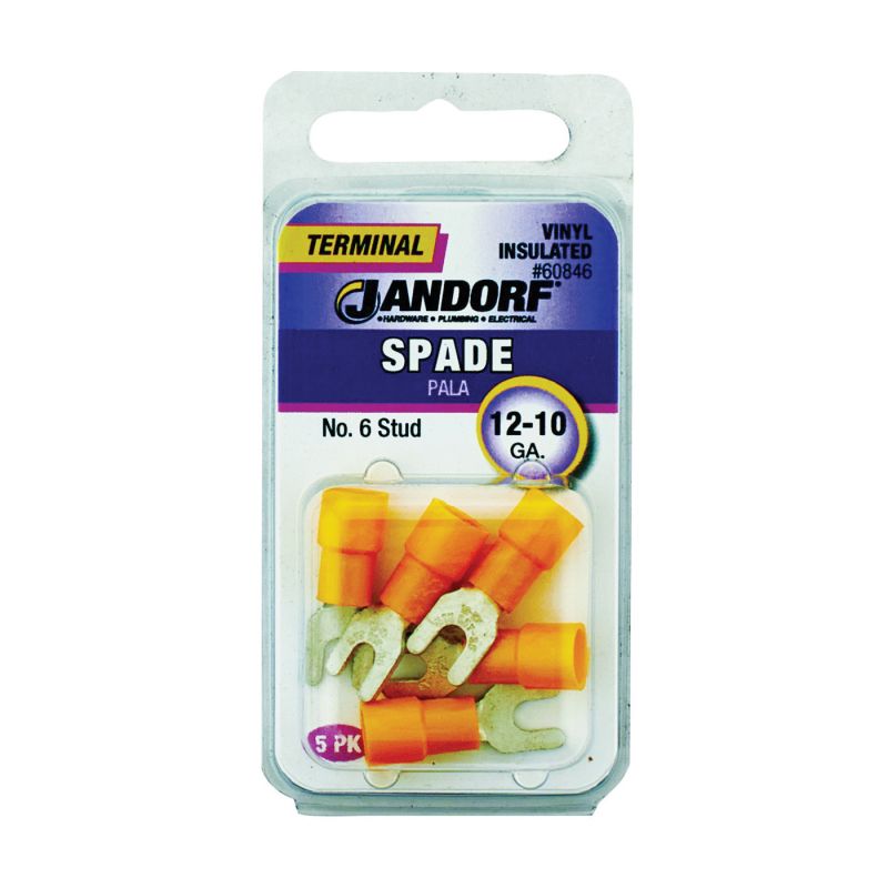 Jandorf 60846 Spade Terminal, 600 V, 12 to 10 AWG Wire, #6 Stud, Vinyl Insulation, Copper Contact, Yellow Yellow