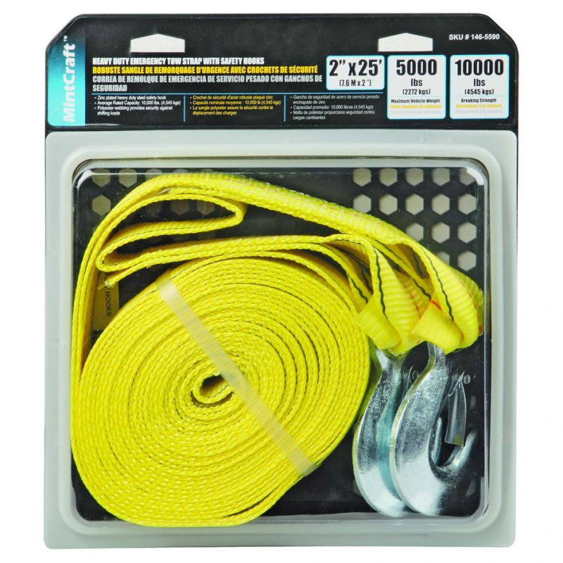 ProSource FH64062-1 Emergency Tow Strap, 10,000 lb, 2 in W, 25 ft L, Hook End, Polyester Webbing, Steel Hook Yellow