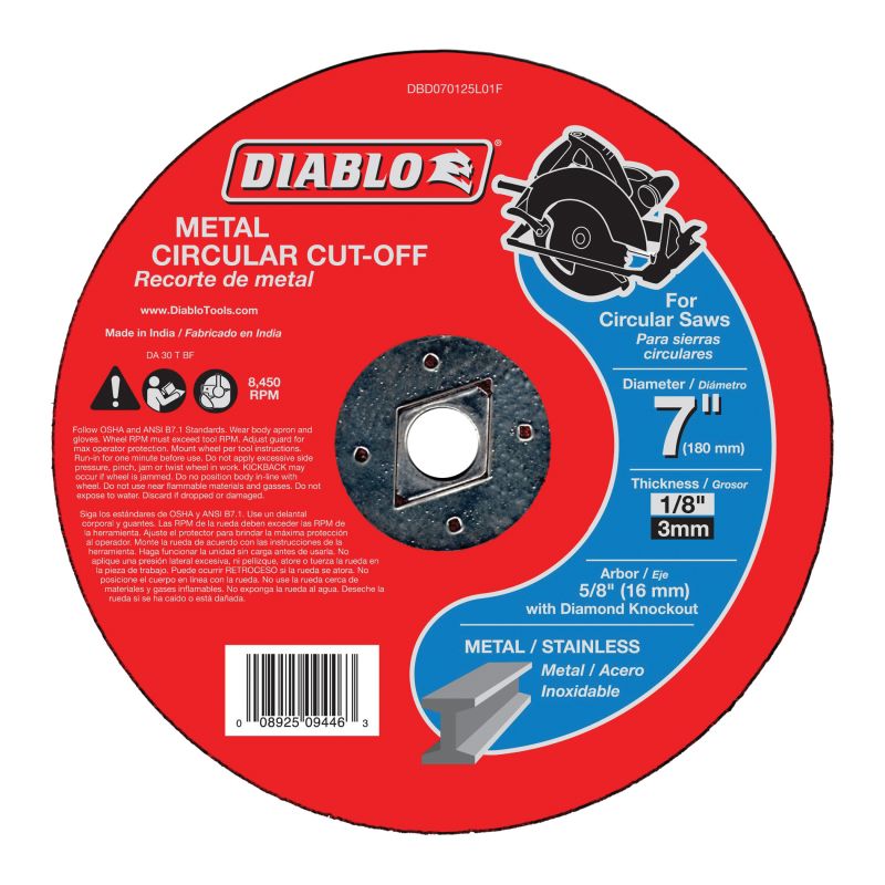 Diablo DBD070125L01F Cut-Off Wheel, 7 in Dia, 1/8 in Thick, 5/8 in Arbor, Aluminum Oxide Abrasive