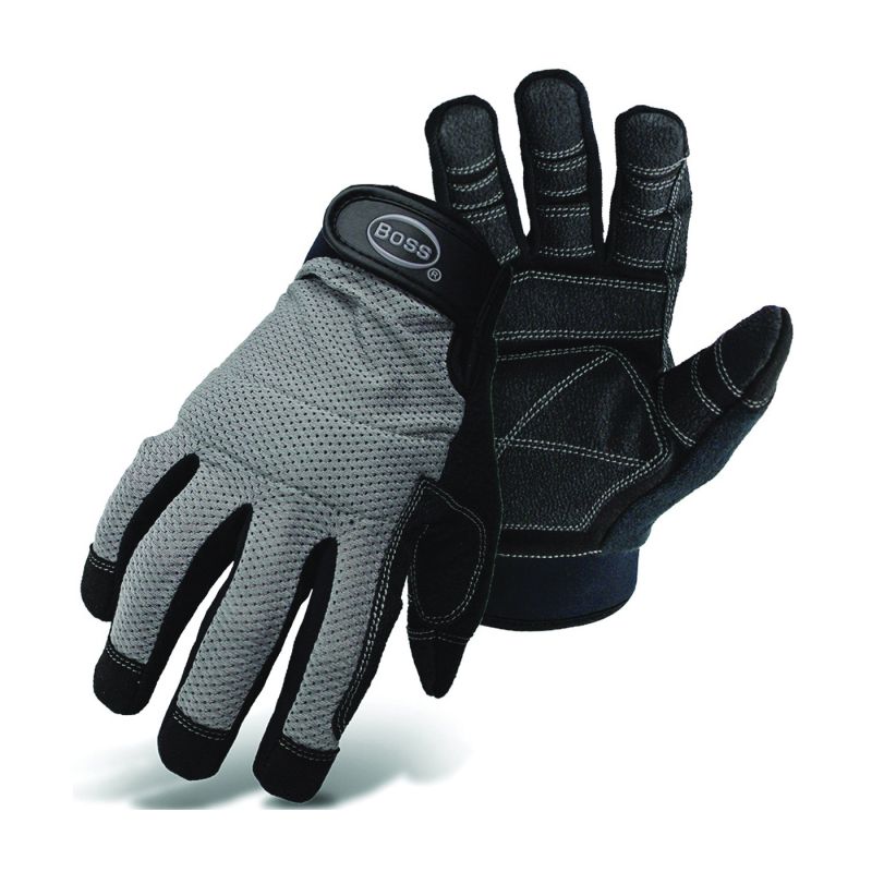 Boss 5204X Utility Mechanic Gloves, XL, Wing Thumb, Wrist Strap Cuff, PVC, Black/Gray XL, Black/Gray