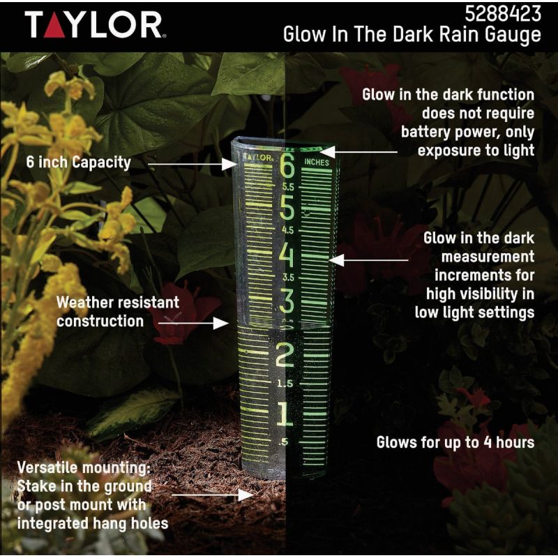 Taylor ClearVu Glow In Dark Rain Gauge 6 In., Tapered Spear End
