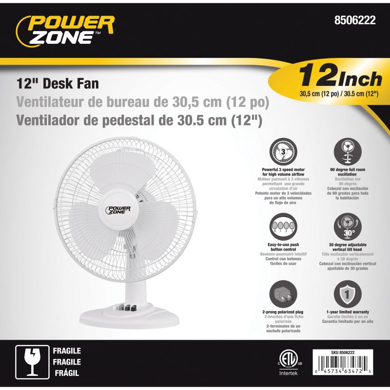 PowerZone FT-30 Oscillating Table Fan, 120 V, 12 in Dia Blade, 3-Blade, 3-Speed, 882 cfm Air, 72 in L Cord, White White