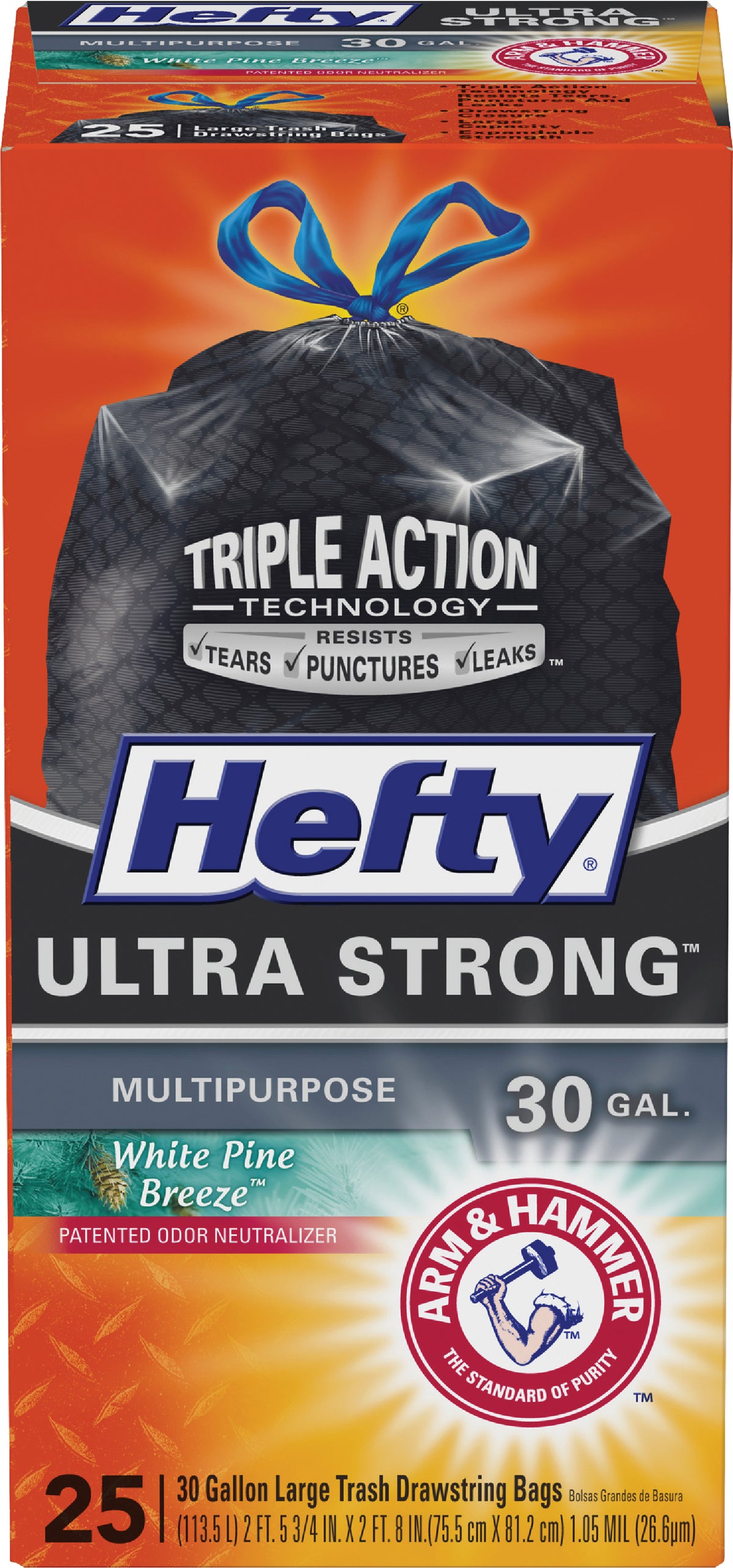 Hefty Ultra Strong Multipurpose Large Trash Bags, Black, 33 Gallon, 40 Count, White Pine Breeze Scent