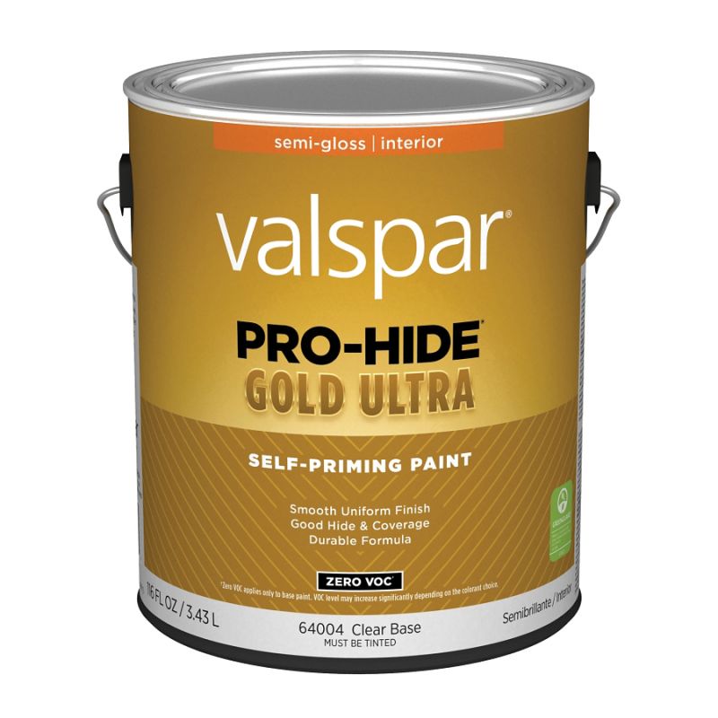 Valspar Pro-Hide Gold Ultra 6400 07 Latex Paint, Acrylic Base, Semi-Gloss Sheen, Clear Base, 1 gal Clear Base