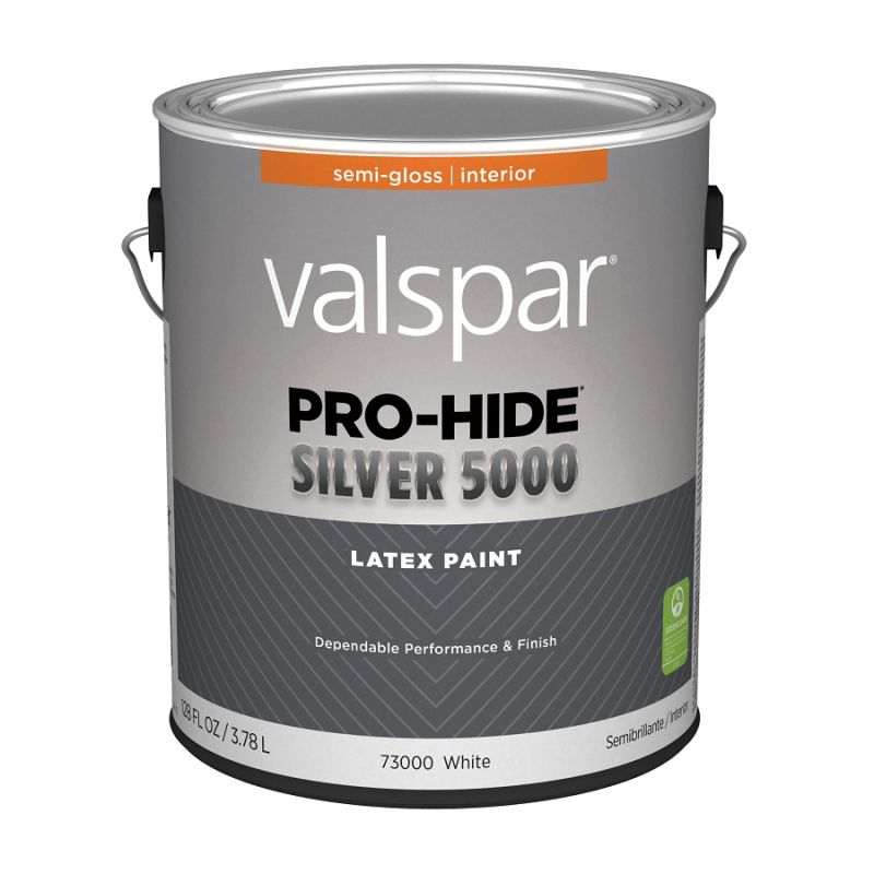 Valspar Pro-Hide Silver 5000 7300 07 Latex Paint, Water Base, Semi-Gloss Sheen, White Base, 1 gal White Base
