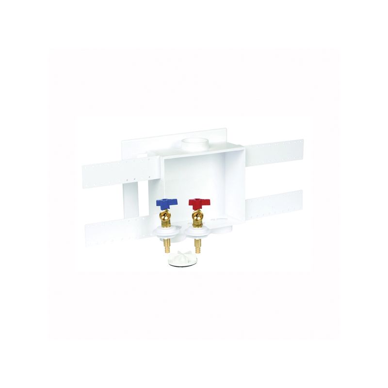 Oatey 38528 Washing Machine Outlet Box, 1/2 in Pex Crimp Connection, Brass/Polystyrene, White White