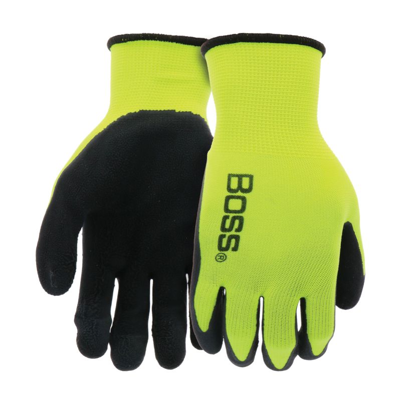 Boss Tactile Grip Series B31282-L Coated Gloves, L, Knit Wrist Cuff, Latex Coating, Polyester, Black/Hi-Viz Yellow L, Black/Hi-Viz Yellow
