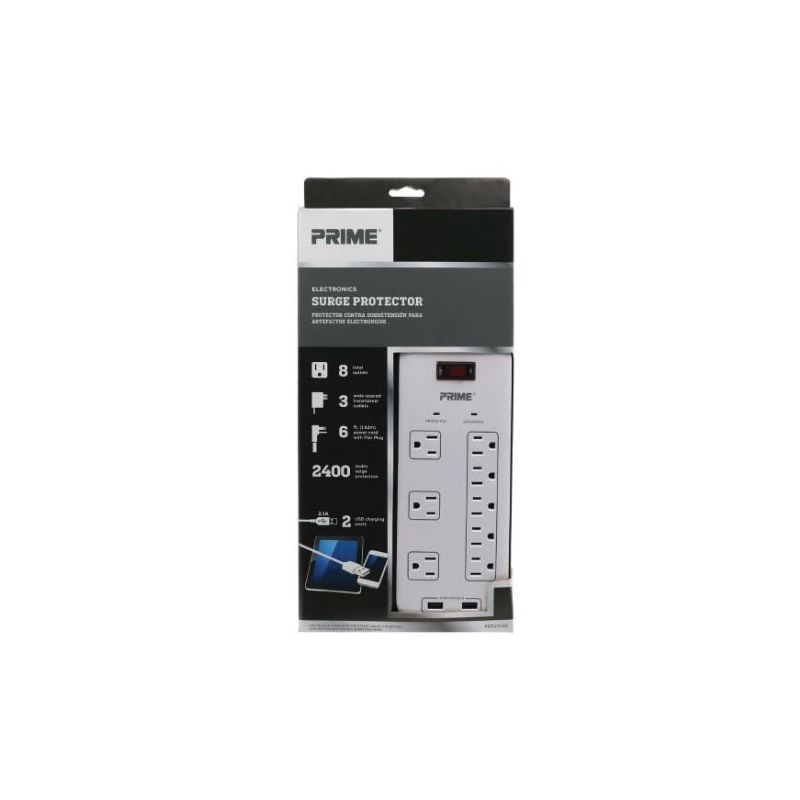 Prime PB523120 Surge Protector with USB Charger, 125 V, 15 A, 8 -Outlet, 2400 J Energy, White White