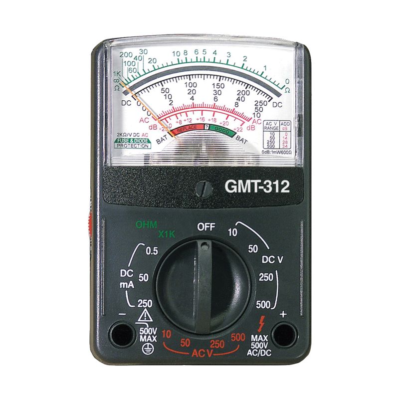 Gardner Bender GMT-312 Multimeter, Analog Display, Functions: AC Voltage, Continuity, DC Current, DC Voltage, Resistance, Black Black