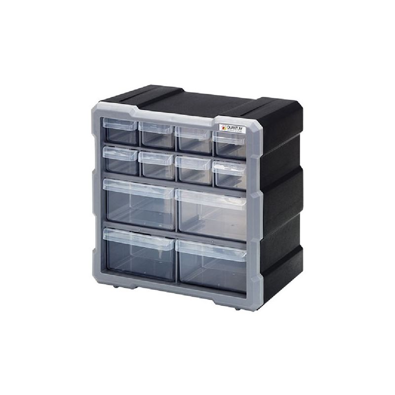 Quantum Storage Systems PDC-12BK Small Parts Organizer, 10-1/4 in L, 6-1/4 in W, 10-1/2 in H, 12-Drawer, Polypropylene Black