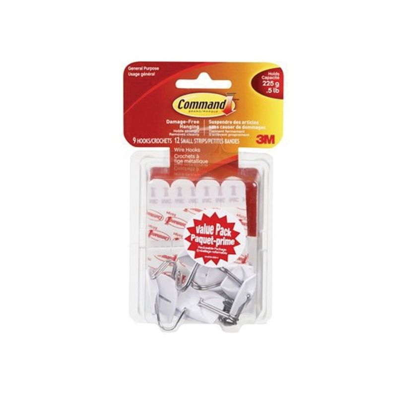 3M Command™ Clear Hooks & Strips, Plastic/Wire, Small, 9 Hooks w/12 Adhesive  Strips per Pack