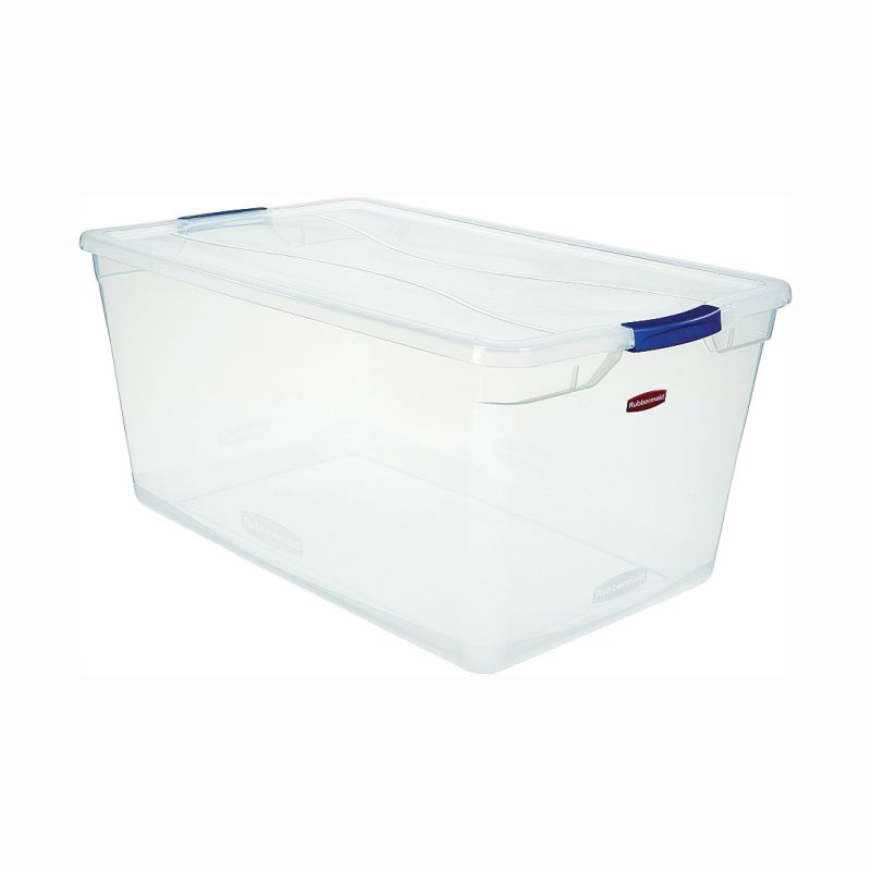 Rubbermaid Clever Store RMCC950001 Storage Container, Plastic, Clear Blue, 29 in L, 18 in W, 13.3 in H 95 Qt, Clear Blue