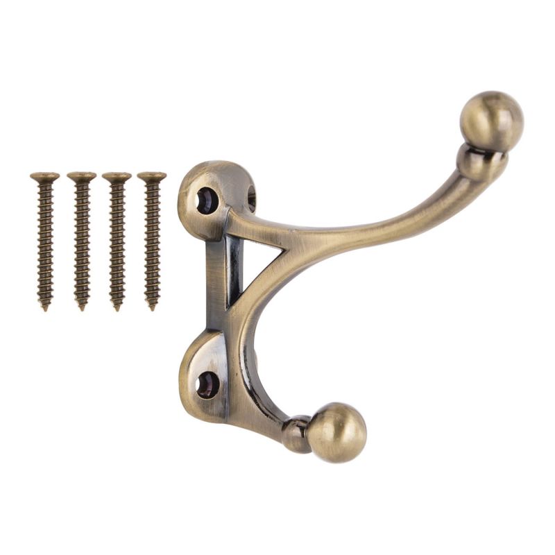 Buy ProSource H-014-AB Coat and Hat Hook, 33 lb, 2-Hook, 1-1/2 in Opening,  Zinc, Antique Brass