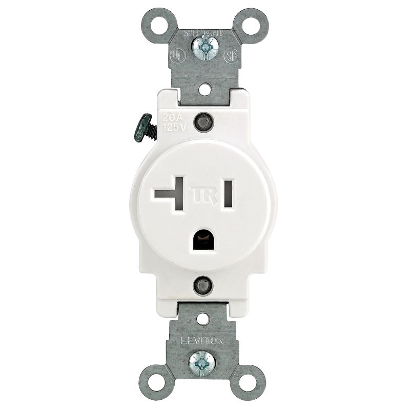Leviton R52-T5020-0WS Tamper-Resistant Single Outlet, 2 -Pole, 125 V, 20 A, Back and Side Wiring, NEMA: NEMA 5 White