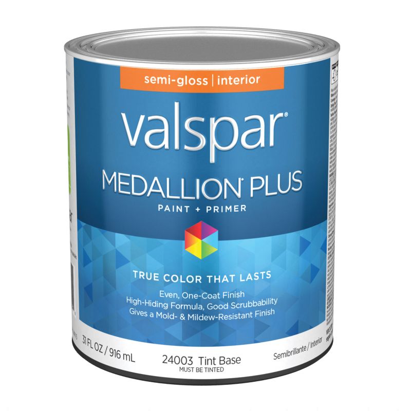 Valspar Medallion Plus 2700 028.0024003.005 Latex Paint, Acrylic Base, Semi-Gloss Sheen, Tint Base, 1 qt Tint Base
