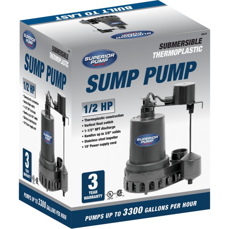 Superior Pump Plastic Submersible Sump Pump, Side Discharge 1/2 HP, 3300 GPH