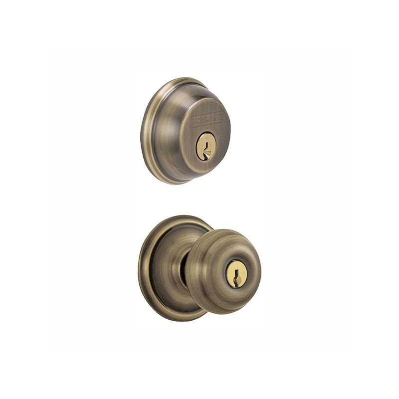 Schlage FB50NVGEO609 Knob Lockset, Mechanical Lock, Knob Handle, Round Design, Antique Brass, 1 Grade, Rekeyable