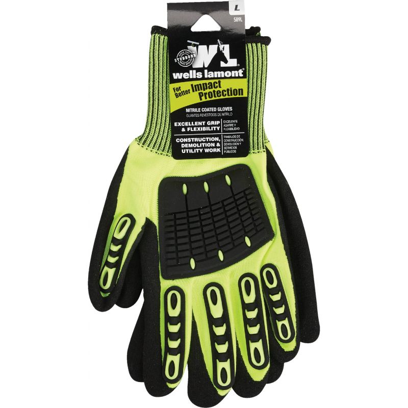 Wells Lamont Impact Protection Nitrile Coated Glove L, High Visibility Green &amp; Black