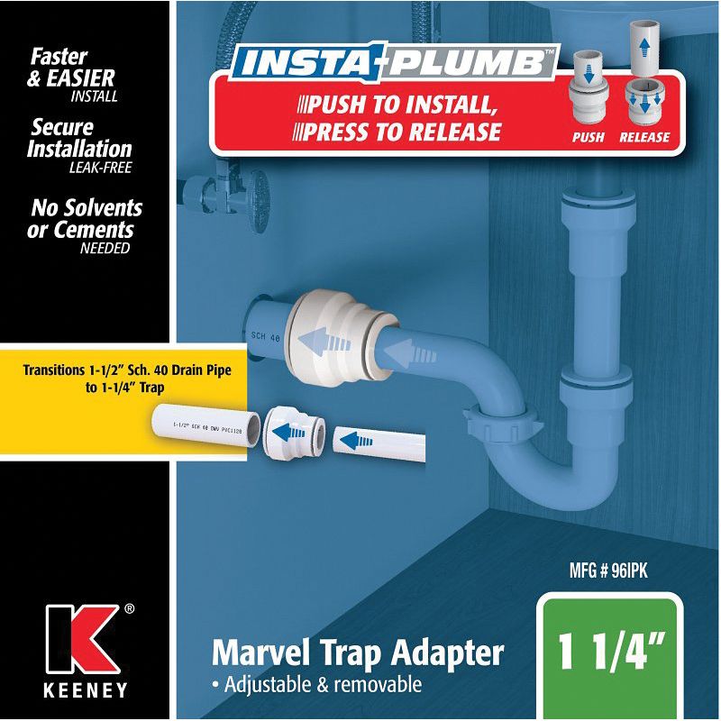 Insta-Plumb 96IPK Pipe Trap Adapter, 1-1/4 in, Push-to-Connect, Plastic, White White