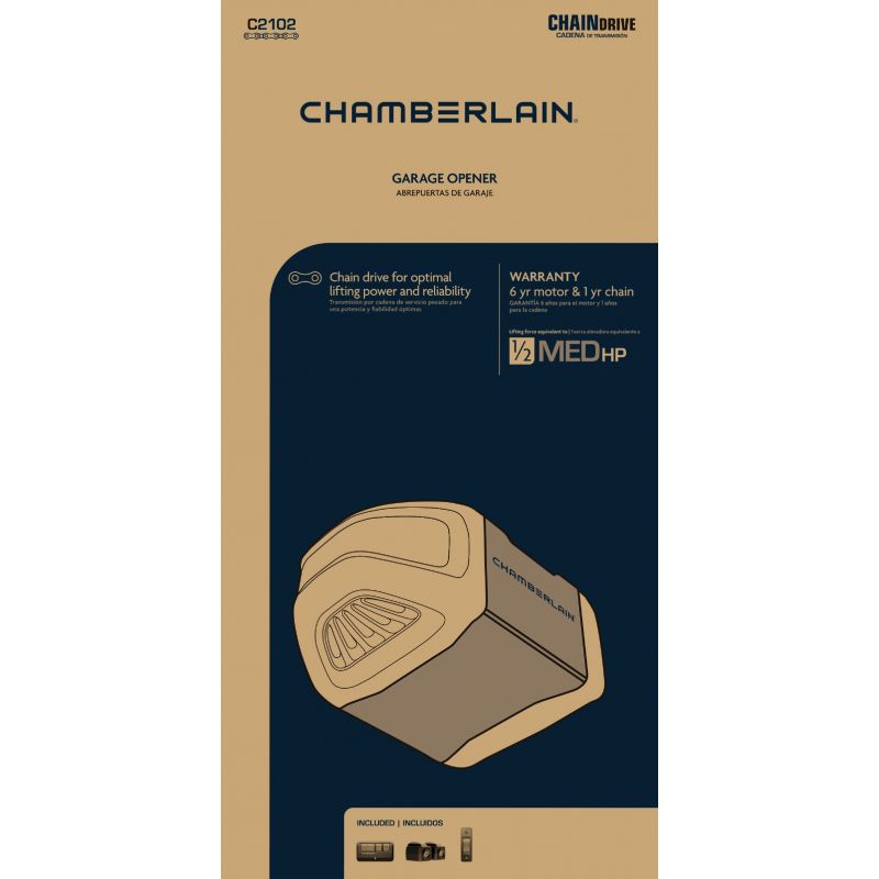 Chamberlain C2102 1/2 HP Durable Chain Drive Garage Door Opener With MED Lifting Power