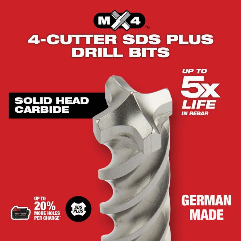 Milwaukee MX4 SDS-PLUS 4-Cutter Solid Carbide Rotary Hammer Drill Bit Set