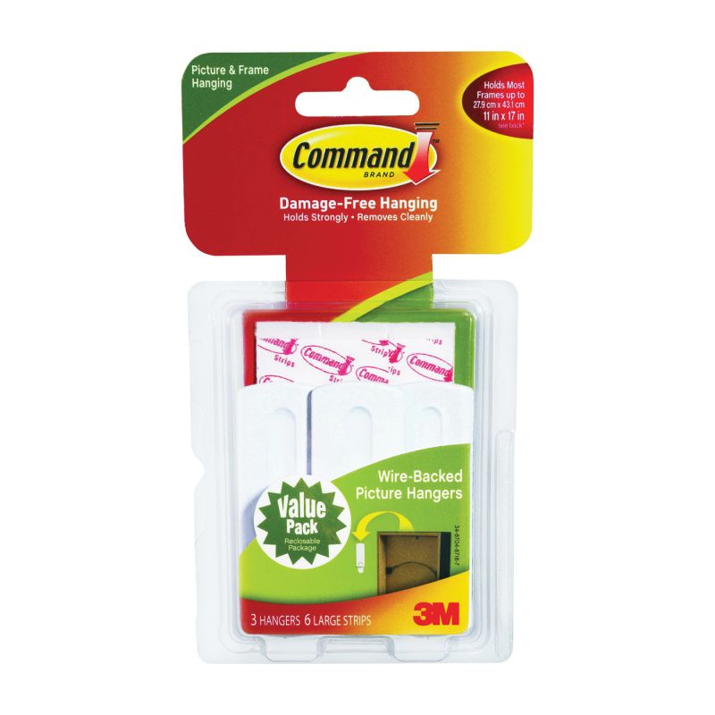 Command 17043 Picture Hanger, 5 lb, Plastic, White, Adhesive Strip Mounting, 4/PK White