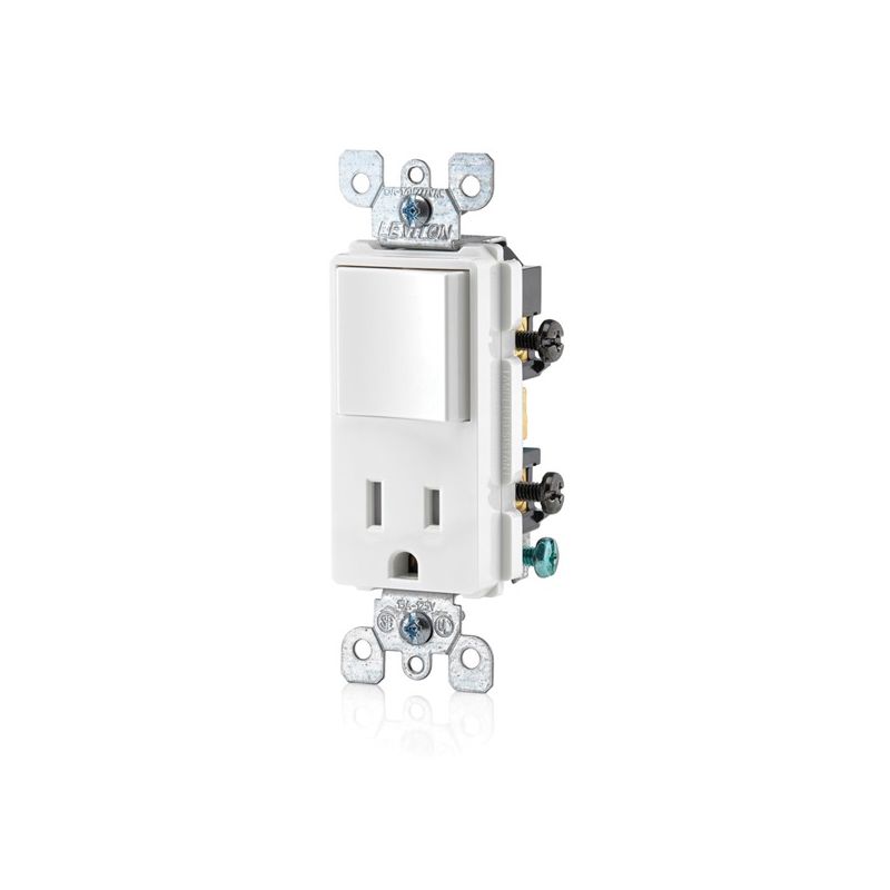 Leviton 5625 Series R62-T5625-0WS Combination Switch/Receptacle, 1-Pole, 15 A, 120 V Switch, 125 V Receptacle, White White
