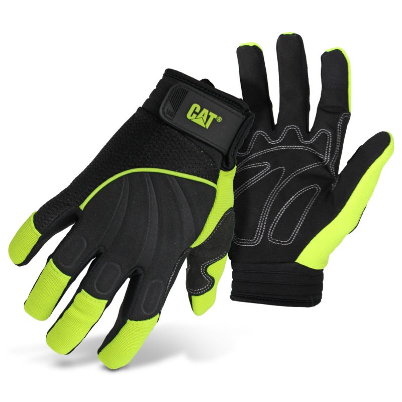 CAT CAT012224-L Mechanic Gloves, Men&#039;s, L, Adjustable Wrist Cuff, Synthetic Leather, Green L, Green