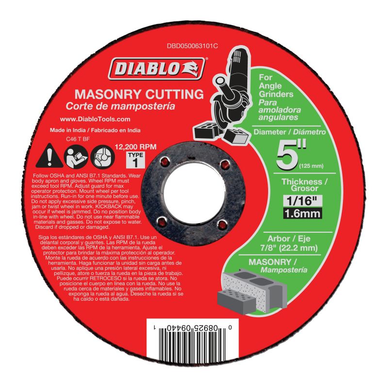 Diablo DBD050063101C Cut-Off Wheel, 5 in Dia, 1/16 in Thick, 7/8 in Arbor, Aluminum Oxide Abrasive