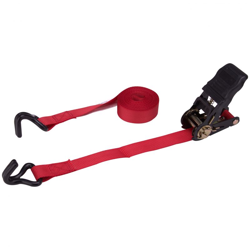 ProSource FH64057 Tie-Down, 1 in W, 14 ft L, Polyester Webbing, Metal Ratchet, Red, 500 lb, Double J-hook End Fitting Red
