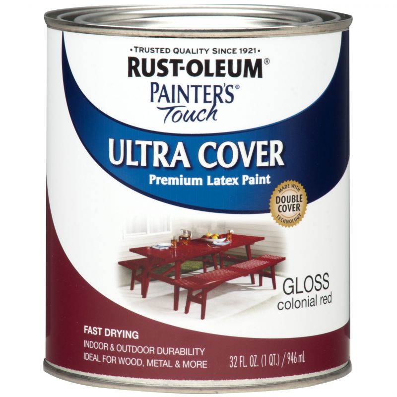Rust-Oleum 1964502 Enamel Paint, Water, Gloss, Colonial Red, 1 qt, Can, 120 sq-ft Coverage Area Colonial Red