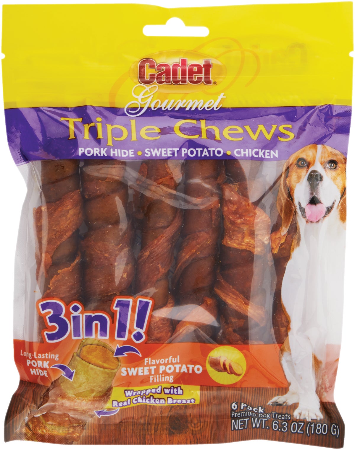 Buy Cadet Gourmet Pork Triple Chews Dog Treat 6 Pack