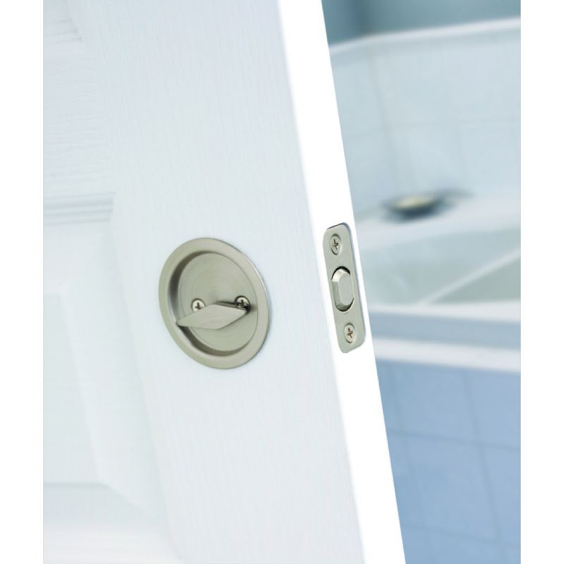 Weiser Round Pocket Door Lock Series 9WR10310-003 Privacy, Universal Hand, Satin Nickel, 2-3/8 in Backset