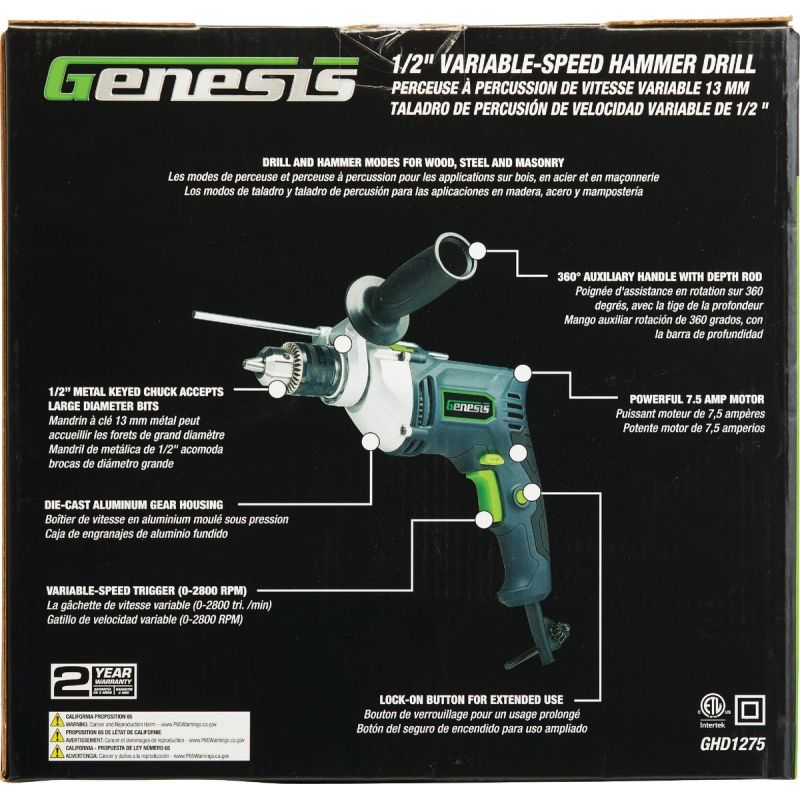 Genesis 1/2 In. VSR Electric Hammer Drill 7.5