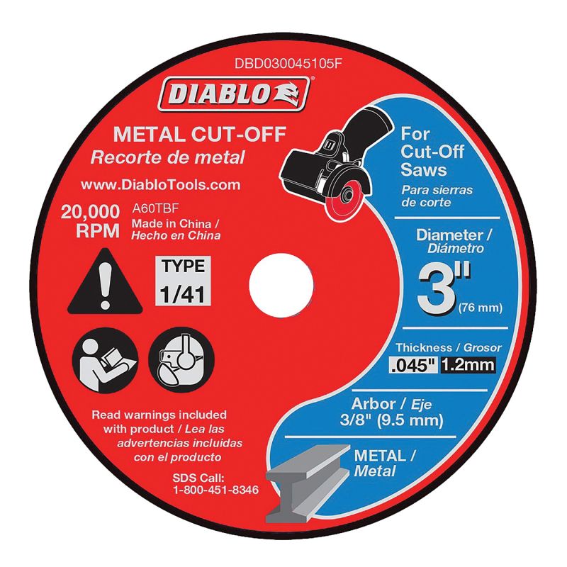 Diablo DBD030045105F Cut-Off Disc, 3 in Dia, 0.045 in Thick, 3/8 in Arbor, Aluminum Oxide Abrasive