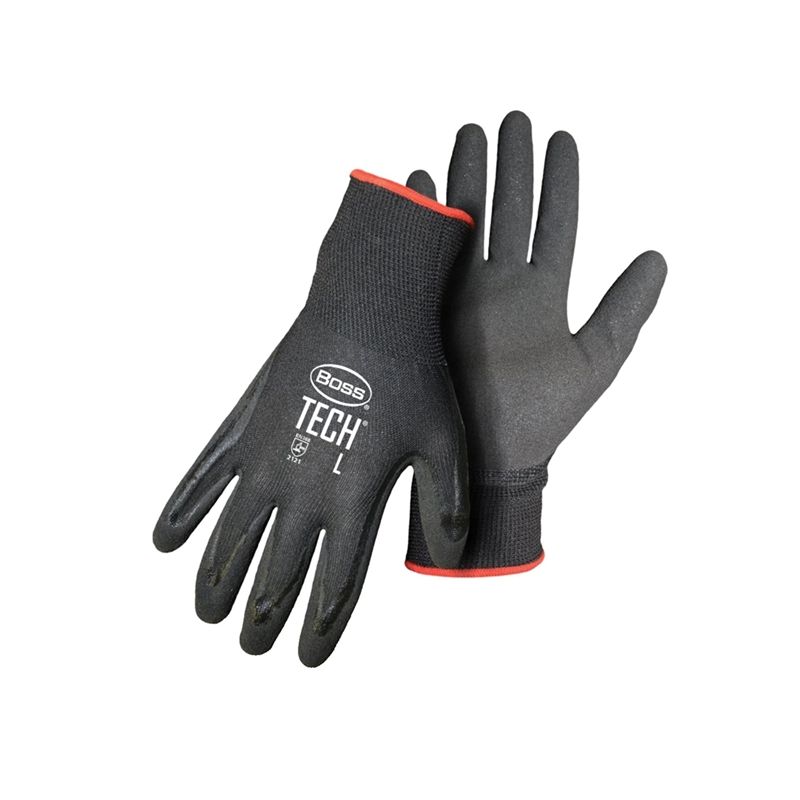 Boss TECH 7820L Gloves, L, Knit Wrist Cuff, Foam-Nitrile Coating, Nylon Glove, Black L, Black