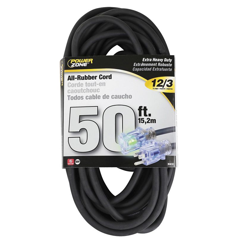 PowerZone OREC732830 Extension Cord, 12/3 AWG Cable, 50 ft L, 15 A, Black