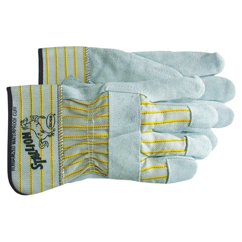 Boss STALLION 1290J Gloves, Men&#039;s, Jumbo, Straight Thumb, Rubberized Safety Cuff, Gray/Yellow Jumbo, Gray/Yellow