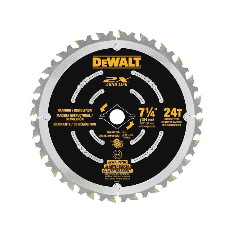 DeWALT DWA35724DB10 Saw Blade, 7-1/4 in Dia, 5/8 in Arbor, 24-Teeth, Carbide Cutting Edge