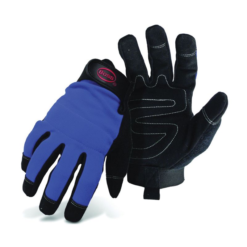 Boss 5205L Mechanic Gloves, Men&#039;s, L, Reinforced Thumb, Wrist Strap Cuff, Blue L, Blue