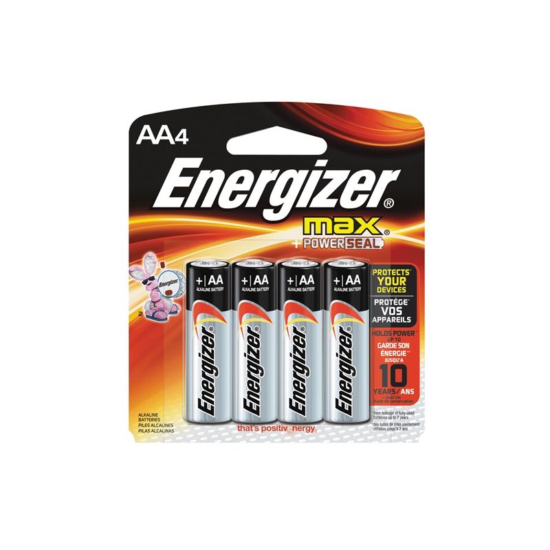 Energizer E91 E91BP-4 Battery, 1.5 V Battery, 2850 mAh, AA Battery, Alkaline, Manganese Dioxide, Zinc, Silver Silver