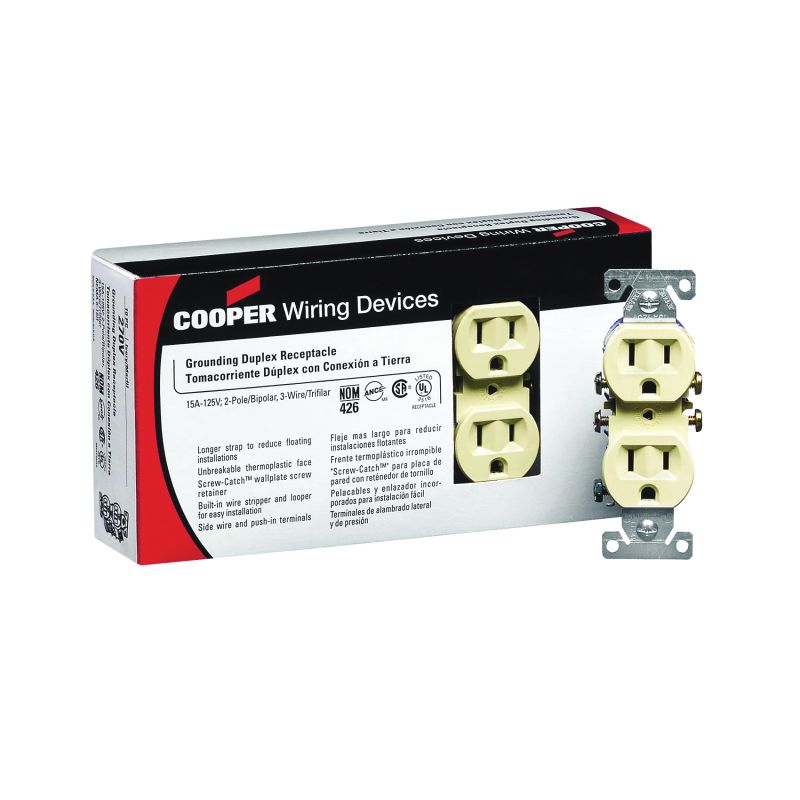 Eaton Wiring Devices 270V-JP-C Duplex Receptacle, 2 -Pole, 15 A, 125 V, Push-in, Side Wiring, NEMA: 5-15R, Ivory Ivory